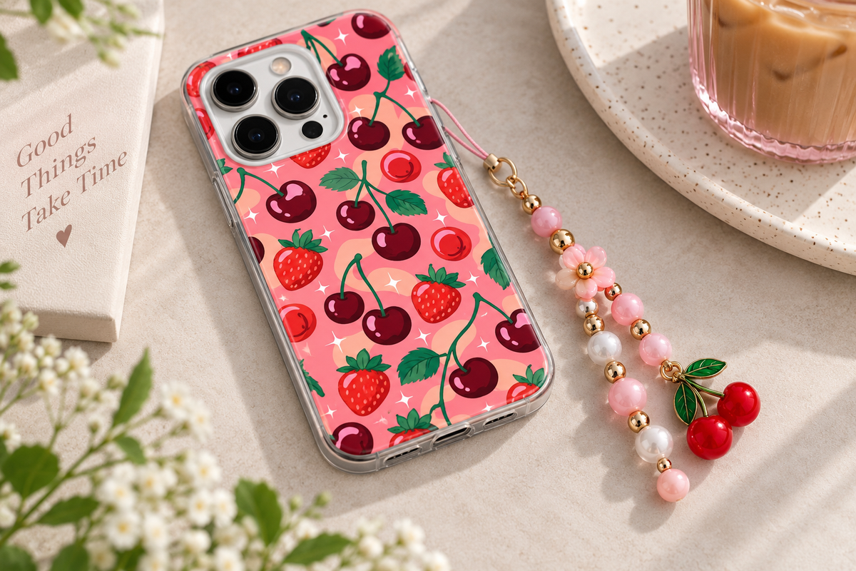 Cherry phone case with beaded phone charm attached