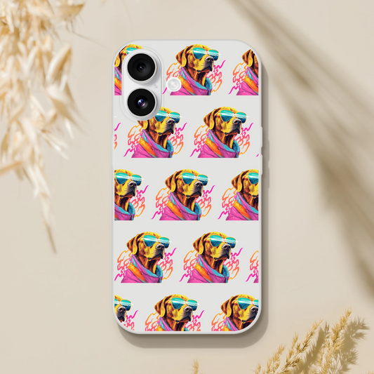 Transparent iPhone case for iPhone 13–16 with a repeating colorful dog wearing sunglasses.