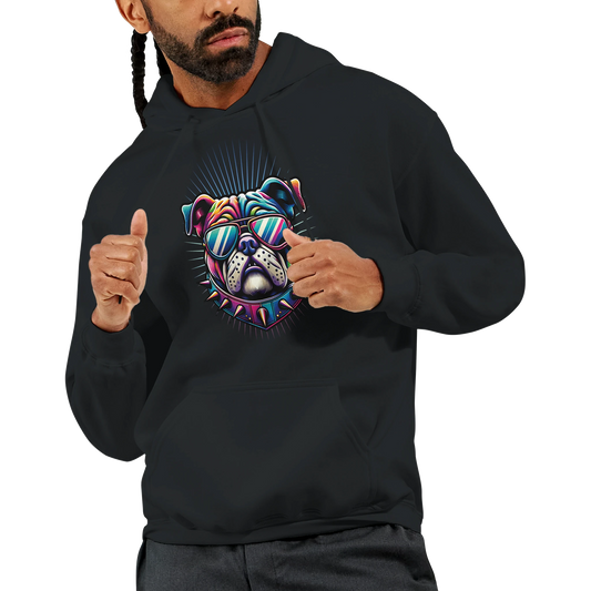 Men's black hoodie with neon bulldog graphic wearing sunglasses, front pocket, 50/50 cotton-poly blend.