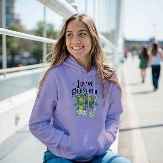 Woman wearing a purple women’s hoodie with a lemon-themed design, sitting outdoors on a sunny day.
