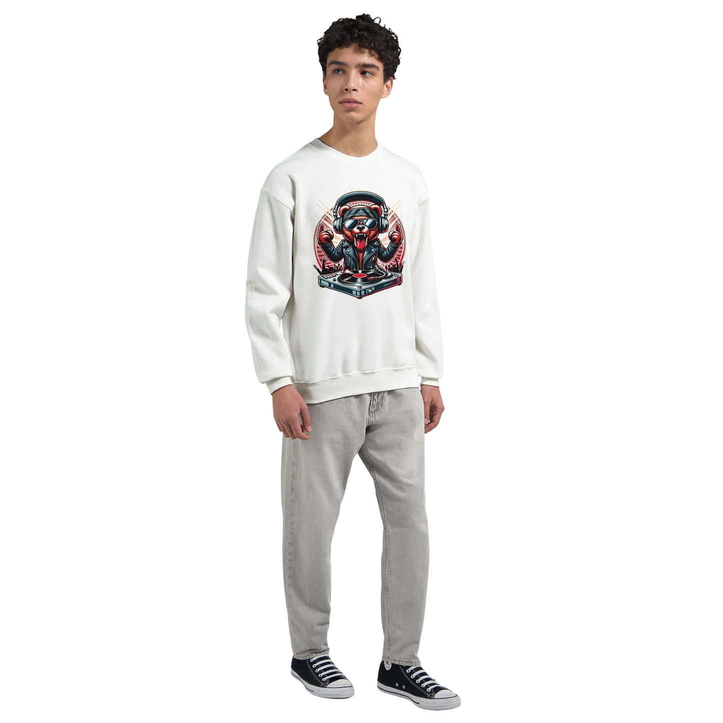 Person wearing a white men's graphic sweatshirt with a graphic design and gray pants on a white background