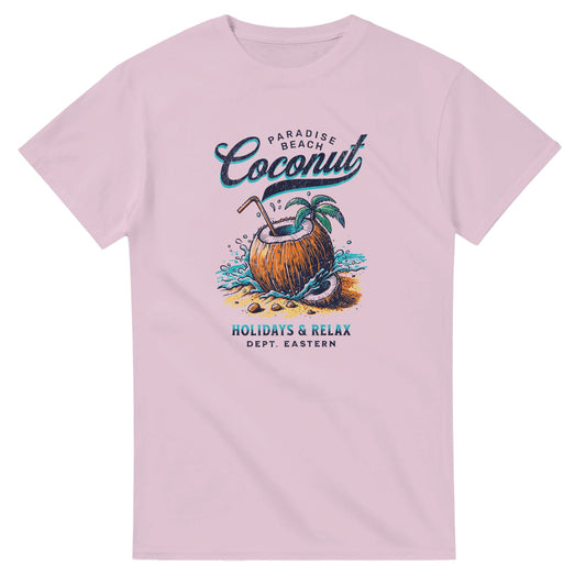 Pastel pink women's graphic tee with tropical coconut on the beach, palm tree, waves, and retro text.
