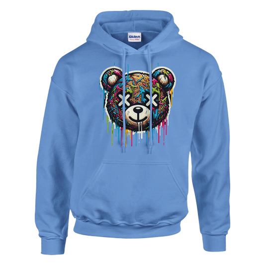 Blue men's teddy bear hoodie with a colorful bear graphic on a white background