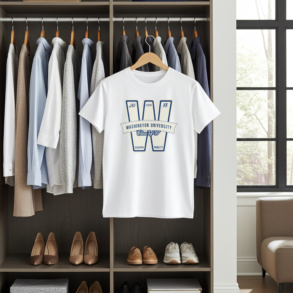 White t-shirt with a logo on hangers in a wardrobe with shoes below
