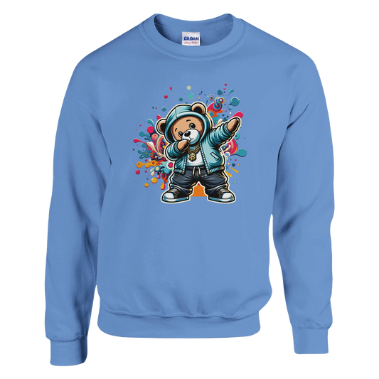 Light blue men's graphic sweatshirt with a colorful bear graphic on a white background