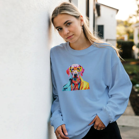 Light blue Gent Dog Jumper women's graphic sweatshirt, soft cotton blend, colorful dog wearing glasses.