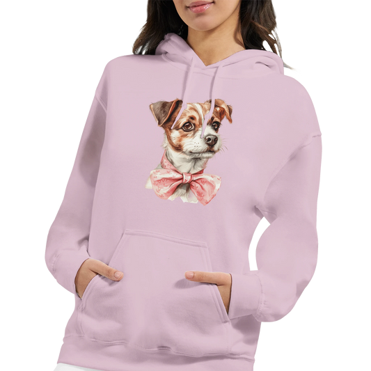 Pastel pink women's hoodie with a cute dog graphic wearing a pink bow and front pocket.