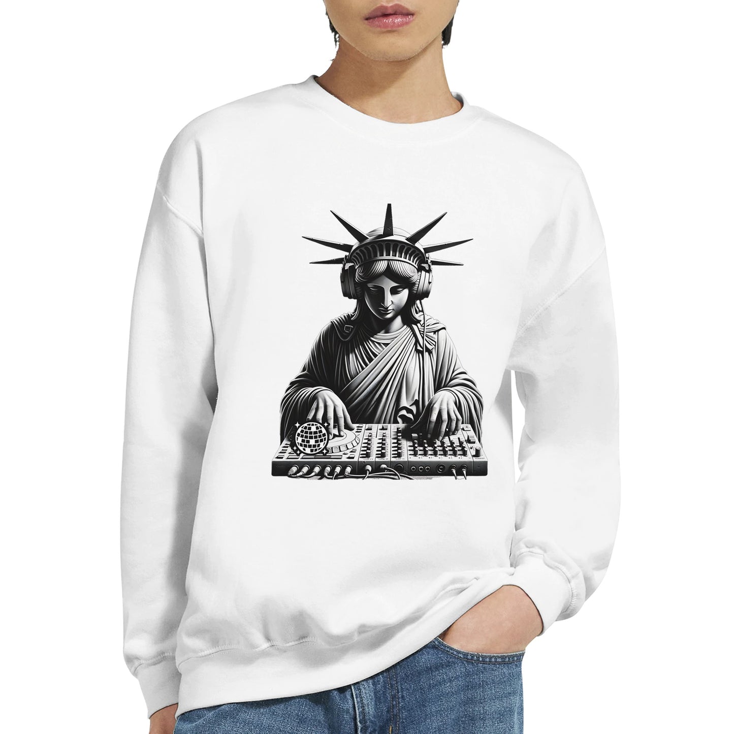 White men's graphic sweatshirt with a graphic of the Statue of Liberty DJing on a white background