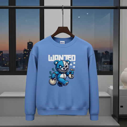 Blue sweatshirt with a bear graphic and 'WANTED' text on a hanger in front of a window with a cityscape view.