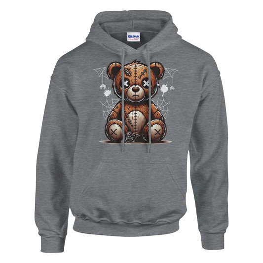 Gray men's teddy bear hoodie with a on a white background