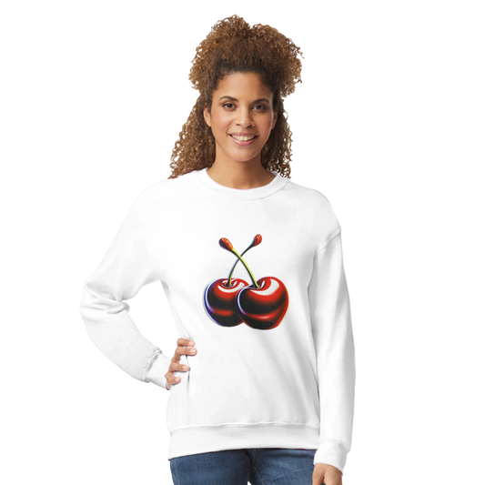 Cherries Jumper: women's graphic sweatshirt in soft 50/50 cotton-poly blend with cherry print on white.