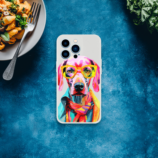 Gent Dog Phone Case: colorful dog art with neon yellow glasses on a clear, slim iPhone 13-16 cover.