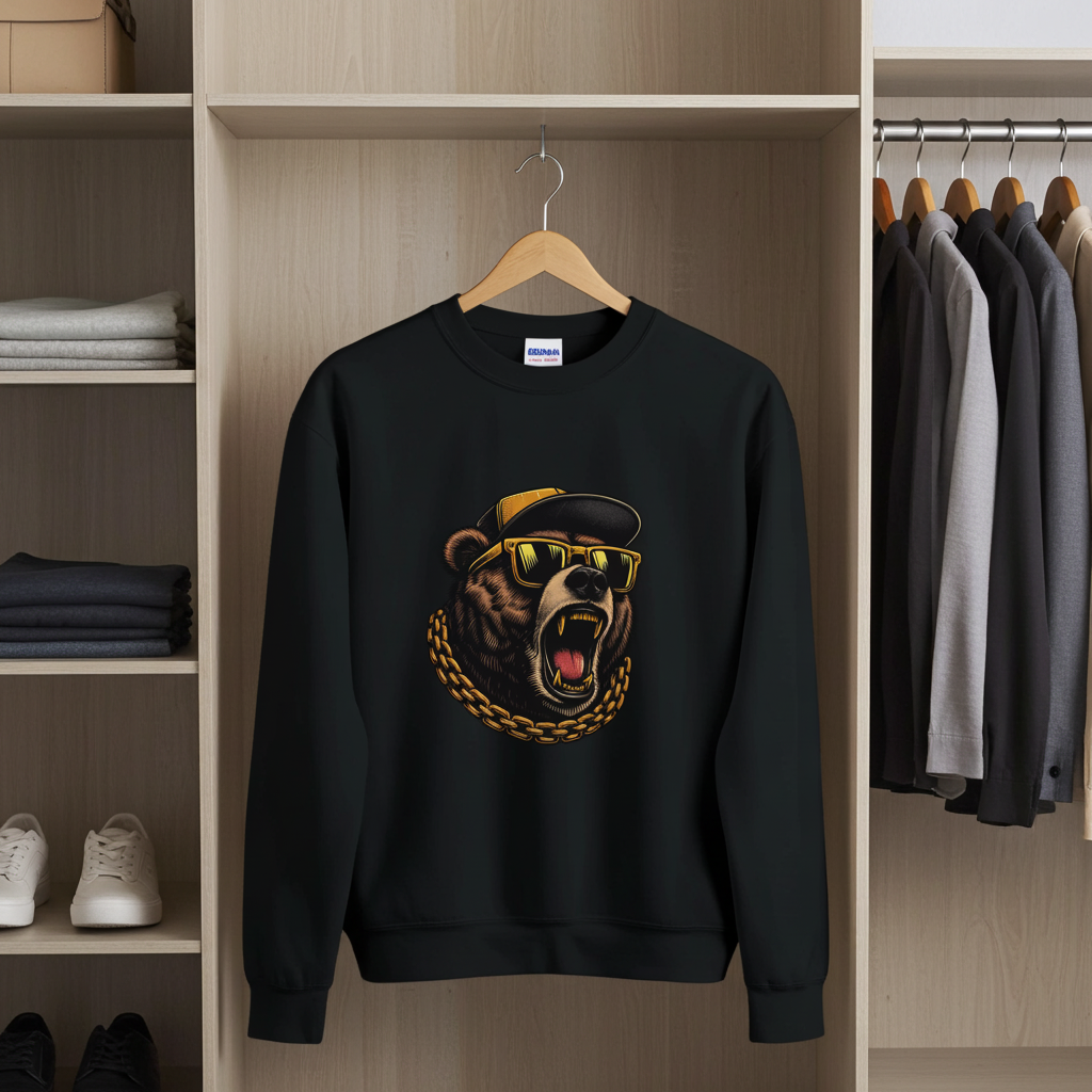 Black sweatshirt with a bear graphic hanging in a closet