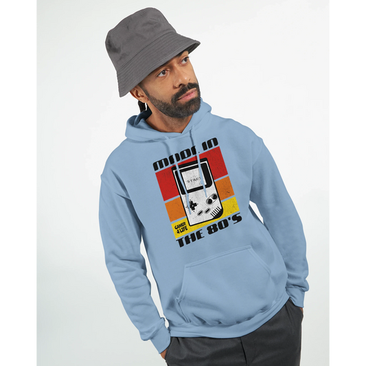 Man wearing a light blue men's graphic hoodie with a graphic design on a white background