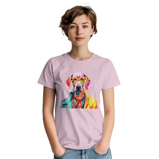 Lavender women's Gent Dog T-Shirt with soft cotton blend and colorful dog graphic wearing yellow sunglasses
