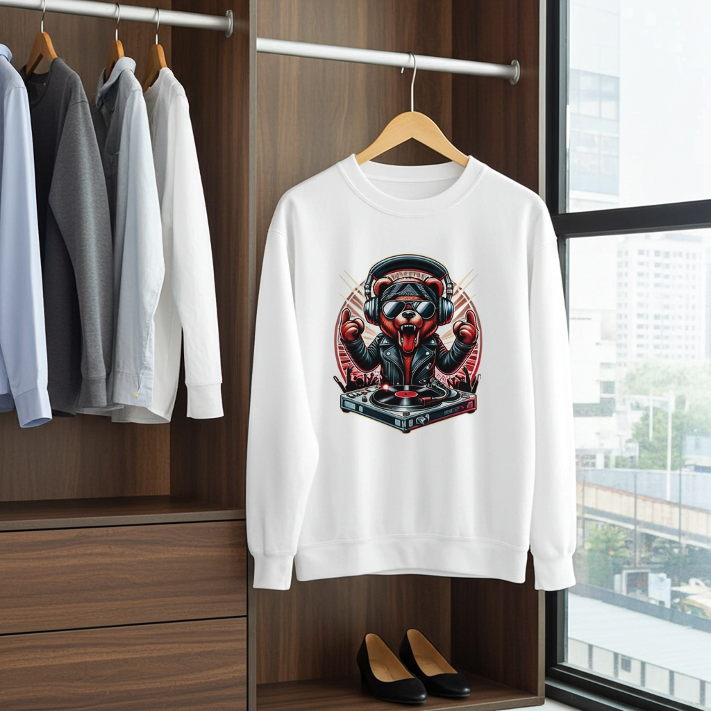 Men's Y2K DJ Bear Sweatshirt | Modern Street Aesthetic | Urban Palm Trees