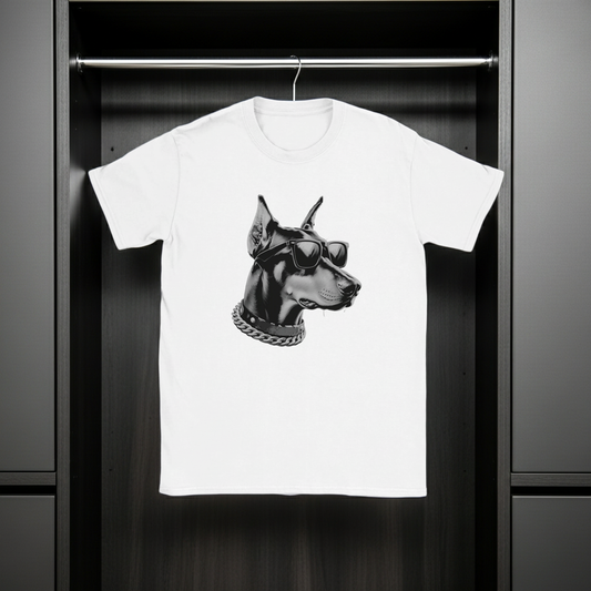 White t-shirt with a dog graphic design hanging on a rack.