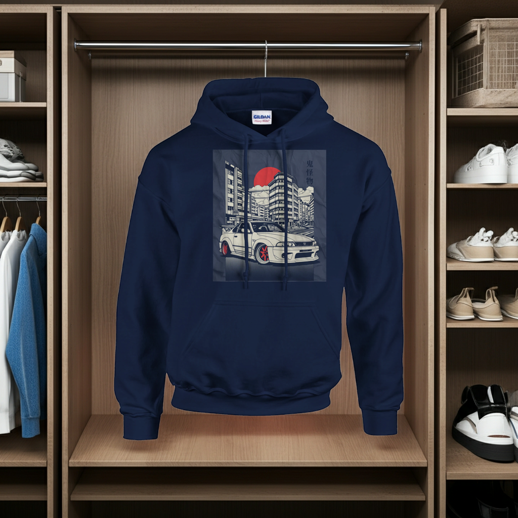 Navy blue hoodie with a graphic design of a car and cityscape hanging in a wooden wardrobe.