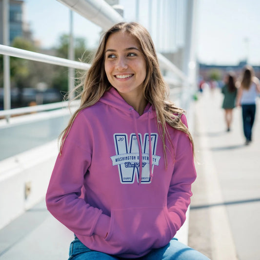 Woman wearing a purple women’s hoodie with 'Washington University' logo on a bridge