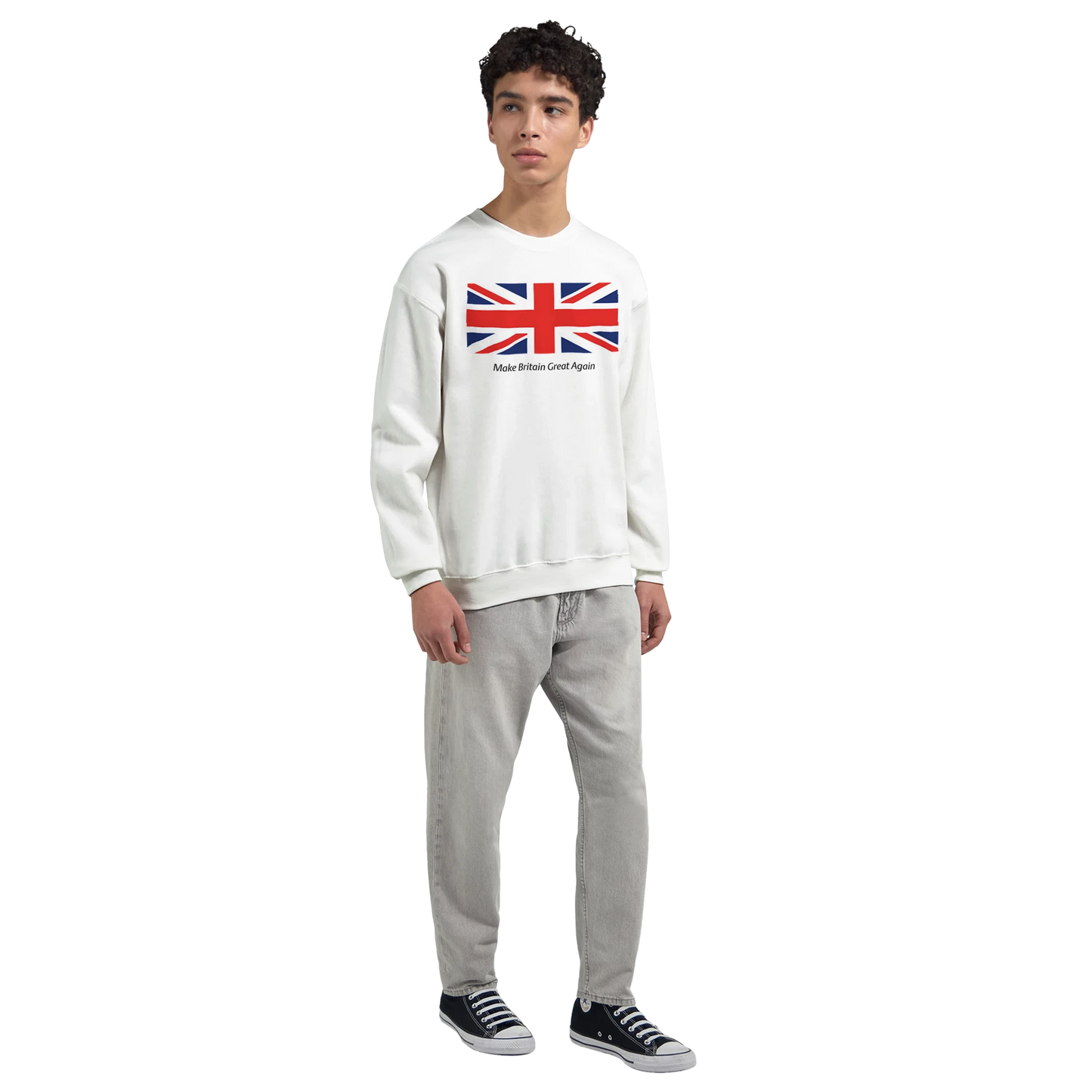 Person wearing a white men's graphic sweatshirt with a Union Jack design on a white background