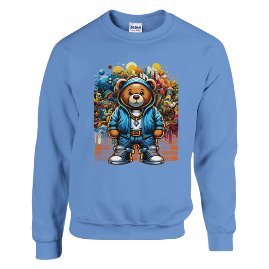 Blue men's graphic sweatshirt with a colorful bear graphic on a white background