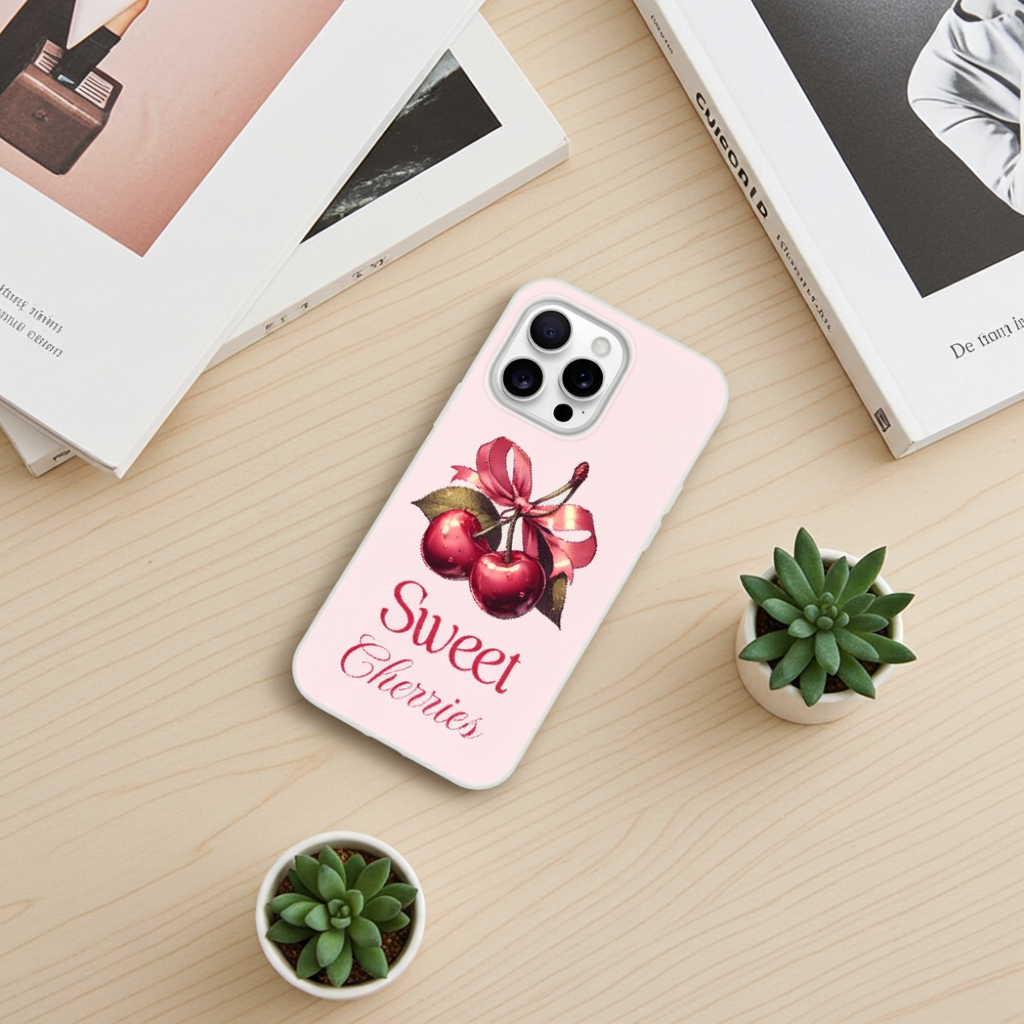 Phone case with cherry design and 'Sweet Cherries' text on a wooden surface with small plants.