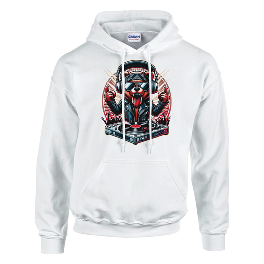 White men's bear hoodie with a graphic design of a bear DJ on a white background