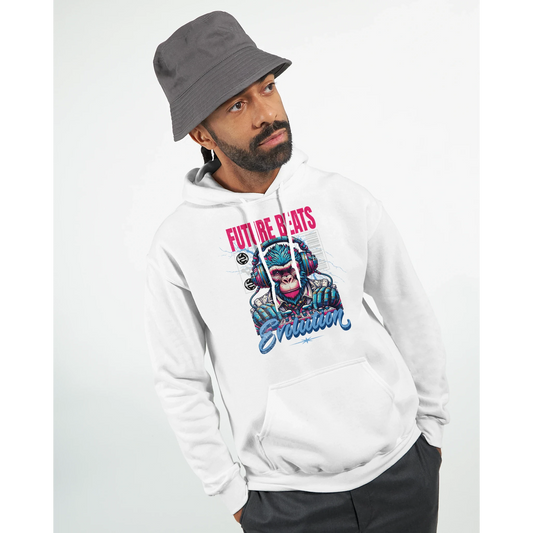 Man wearing a white men's graphic hoodie with a monkey DJ design