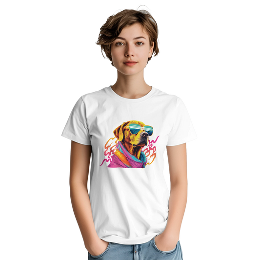 White women's graphic tee featuring a colorful dog wearing sunglasses and scarf; soft cotton blend