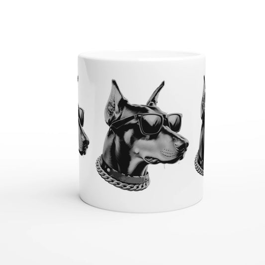 Gangster dog mug for him: white ceramic with a dog wearing sunglasses and a chunky chain.