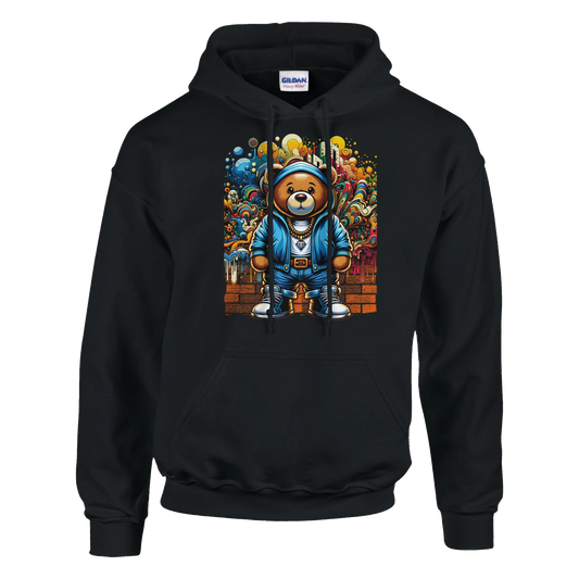Black men's teddy bear hoodie with a colorful graphic of a teddy bear in a blue outfit on a white background