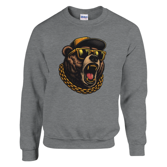 Gray men's graphic sweatshirt with a bear graphic wearing sunglasses and a cap on a white background