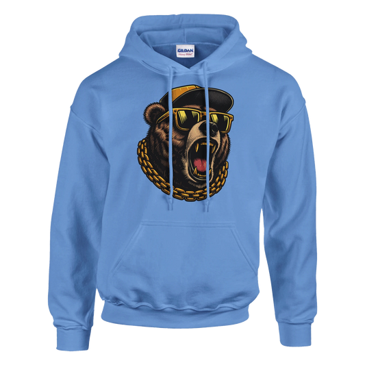 Blue men's grizzly bear hoodie with a bear graphic wearing sunglasses and a cap on a white background
