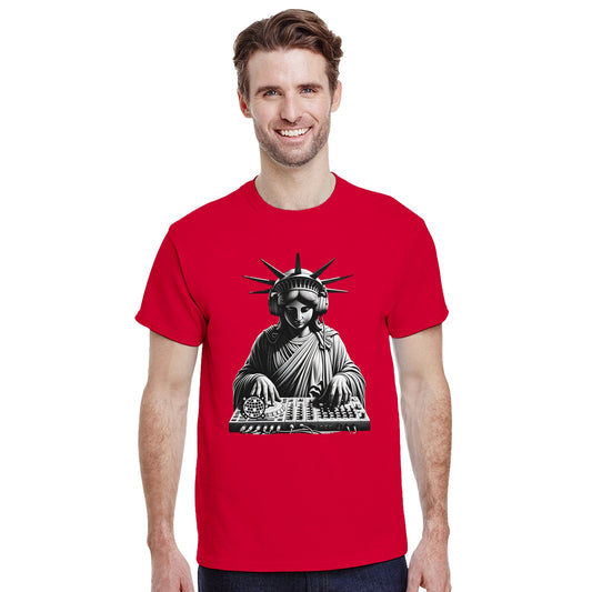 Urban Palm Trees
Men's Statue Of Liberty DJ Graphic T-Shirt - Soft Cotton Blend Tee in White, Beige, Pink, Blue, Red, Black | Sizes S-5XL