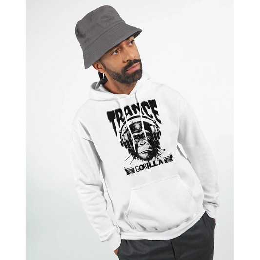 Man wearing a white men's graphic hoodie with a gorilla graphic and 'Trance Gorilla' text, standing against a plain background.