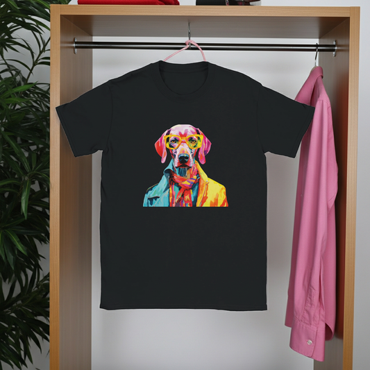 Black t-shirt with a colorful dog graphic on a hanger in a wardrobe.