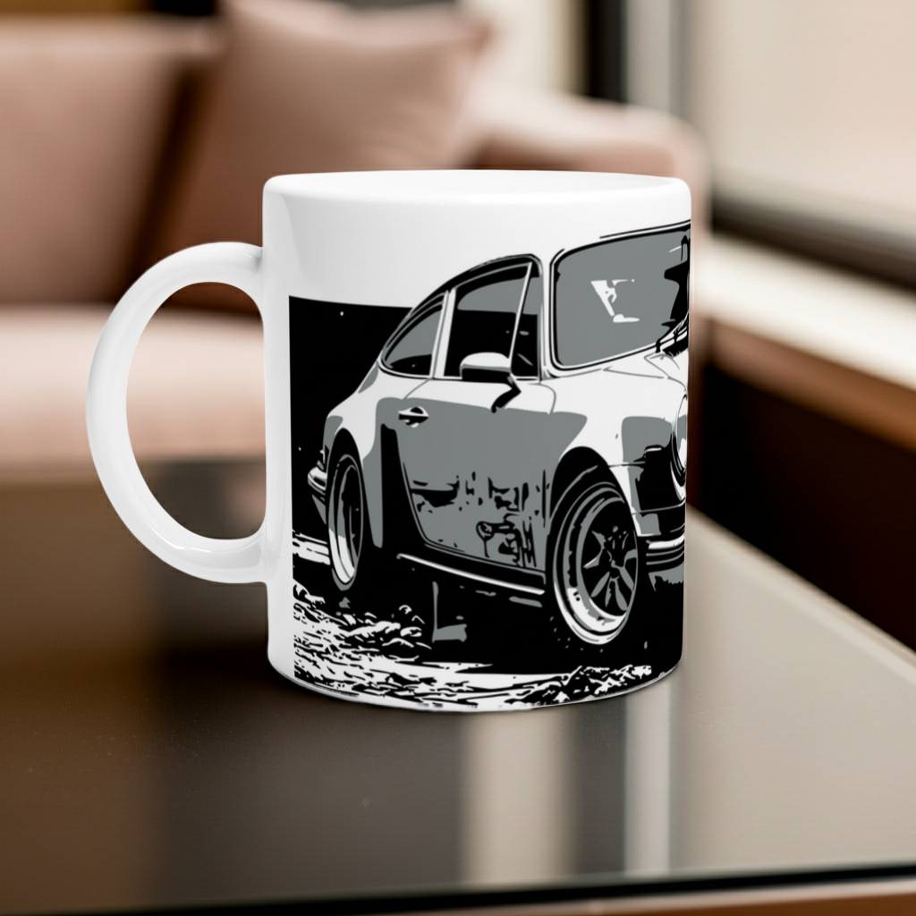 Carrera 911 mug from Urban Palm Trees, 11oz ceramic with black-and-white Porsche-style car illustration on glossy white
