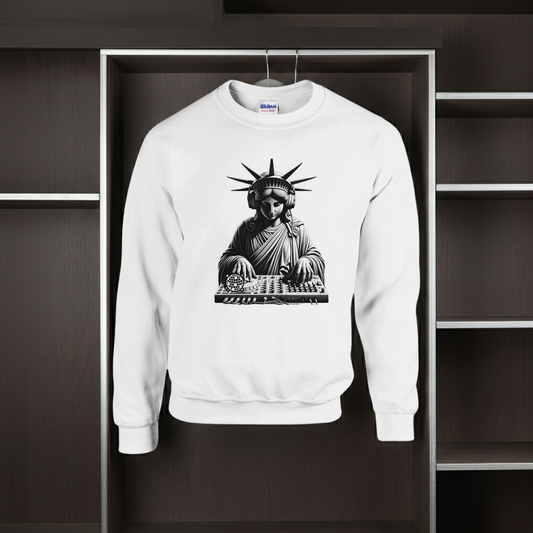 White sweatshirt with a graphic of the Statue of Liberty on a dark background