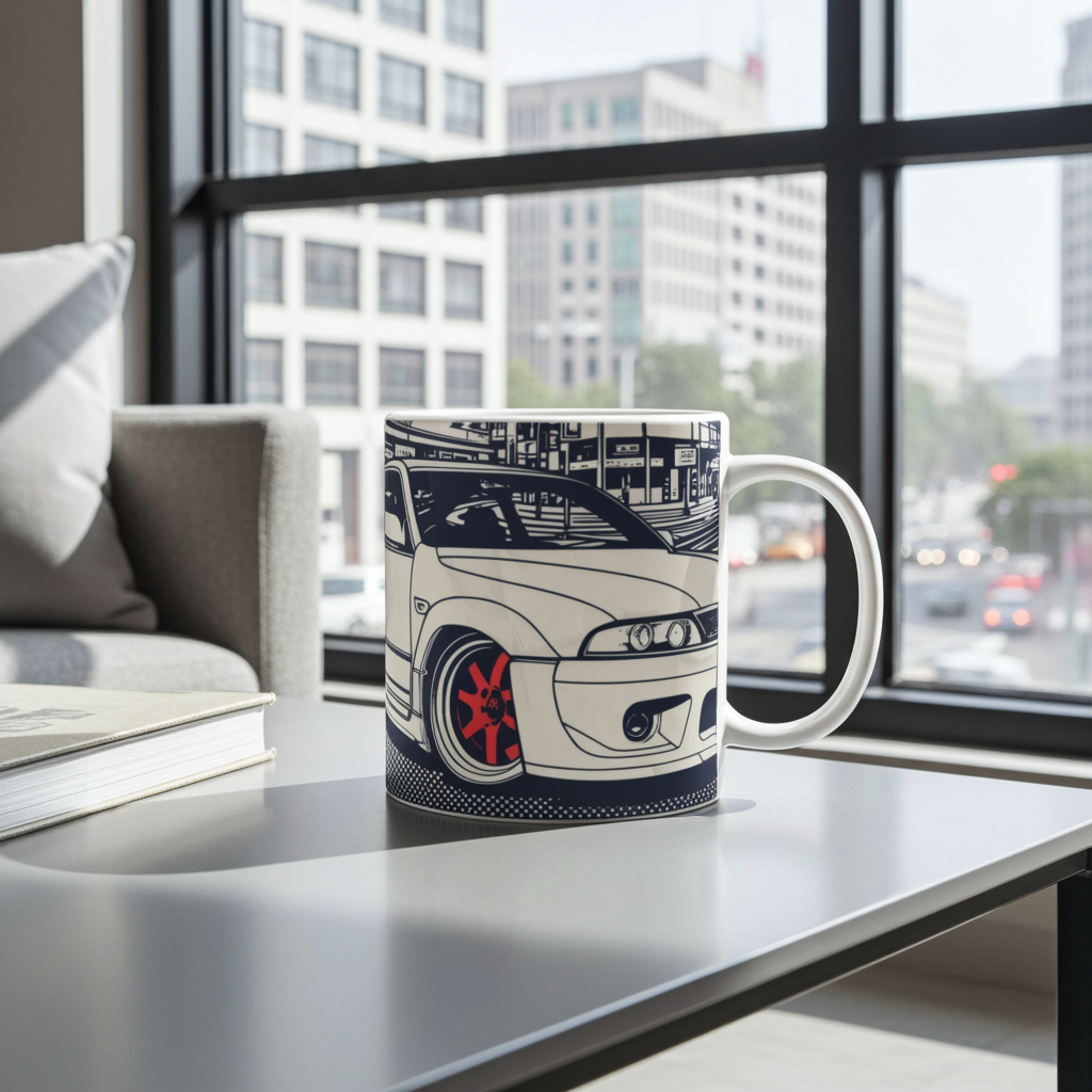 Mug with car design on a table by a window with cityscape view