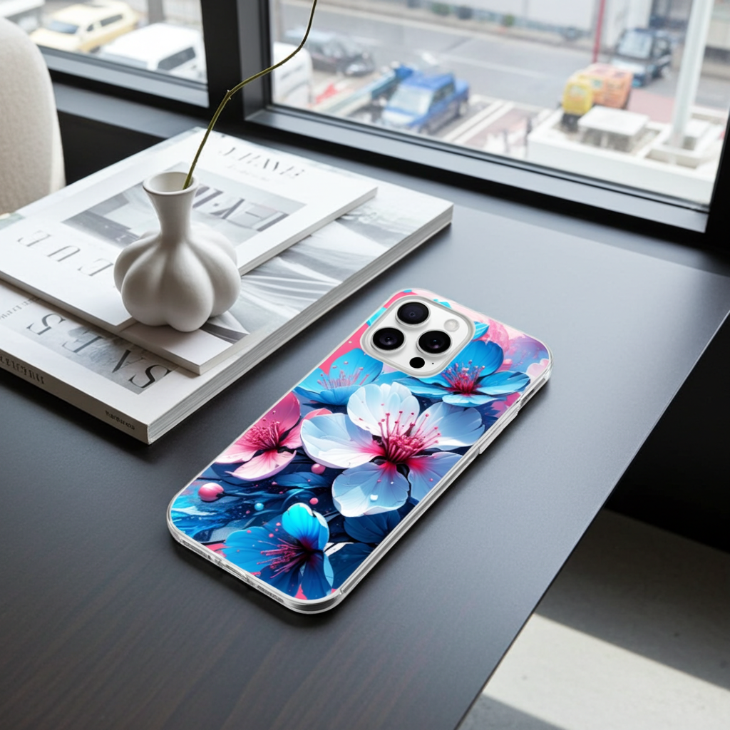 Phone case with floral design on a table next to a magazine and vase.