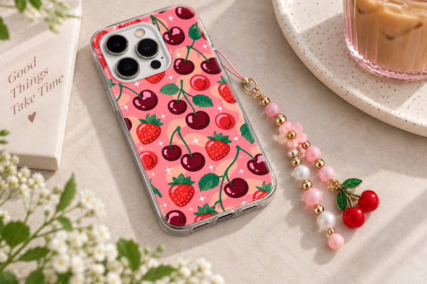 Cherry phone case with beaded phone charm attached