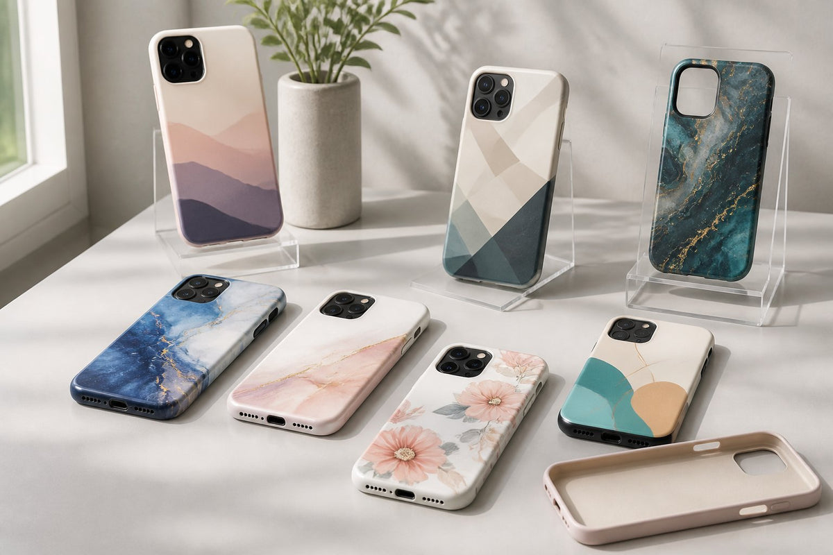 Collection of iPhone cases with floral, marble and abstract geometric designs