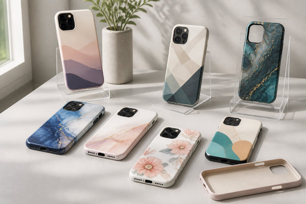 Collection of iPhone cases with floral, marble and abstract geometric designs