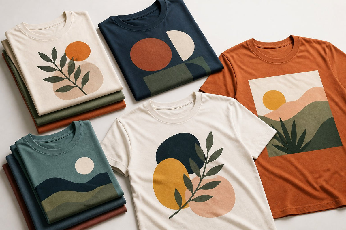 Graphic T-shirts with retro abstract botanical designs in neutral colours