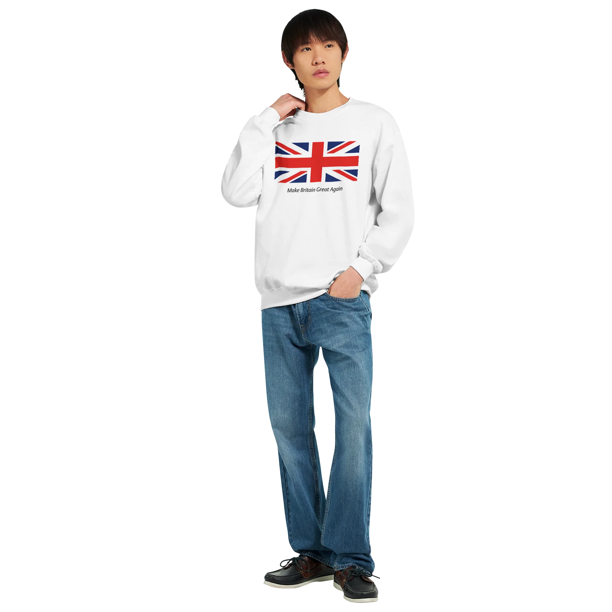 White Union Jack Make Britain Great Again men's graphic sweatshirt in white, soft 50/50 cotton-poly blend, sizes S to XL