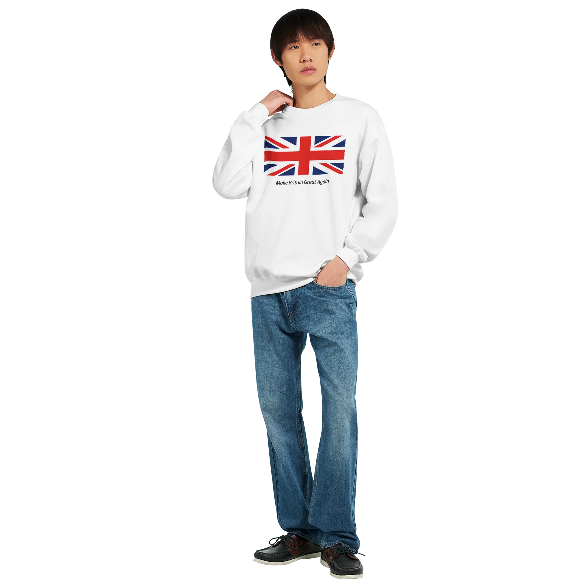 Person wearing a white men's graphic sweatshirt with a Union Jack design and blue jeans on a white background distance