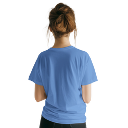 Back view of a woman in a light blue retro Believe In Yourself T‑shirt.
