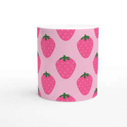 Cute pink strawberry mug with kawaii fruit pattern, ideal for daily coffee or tea at home or office.