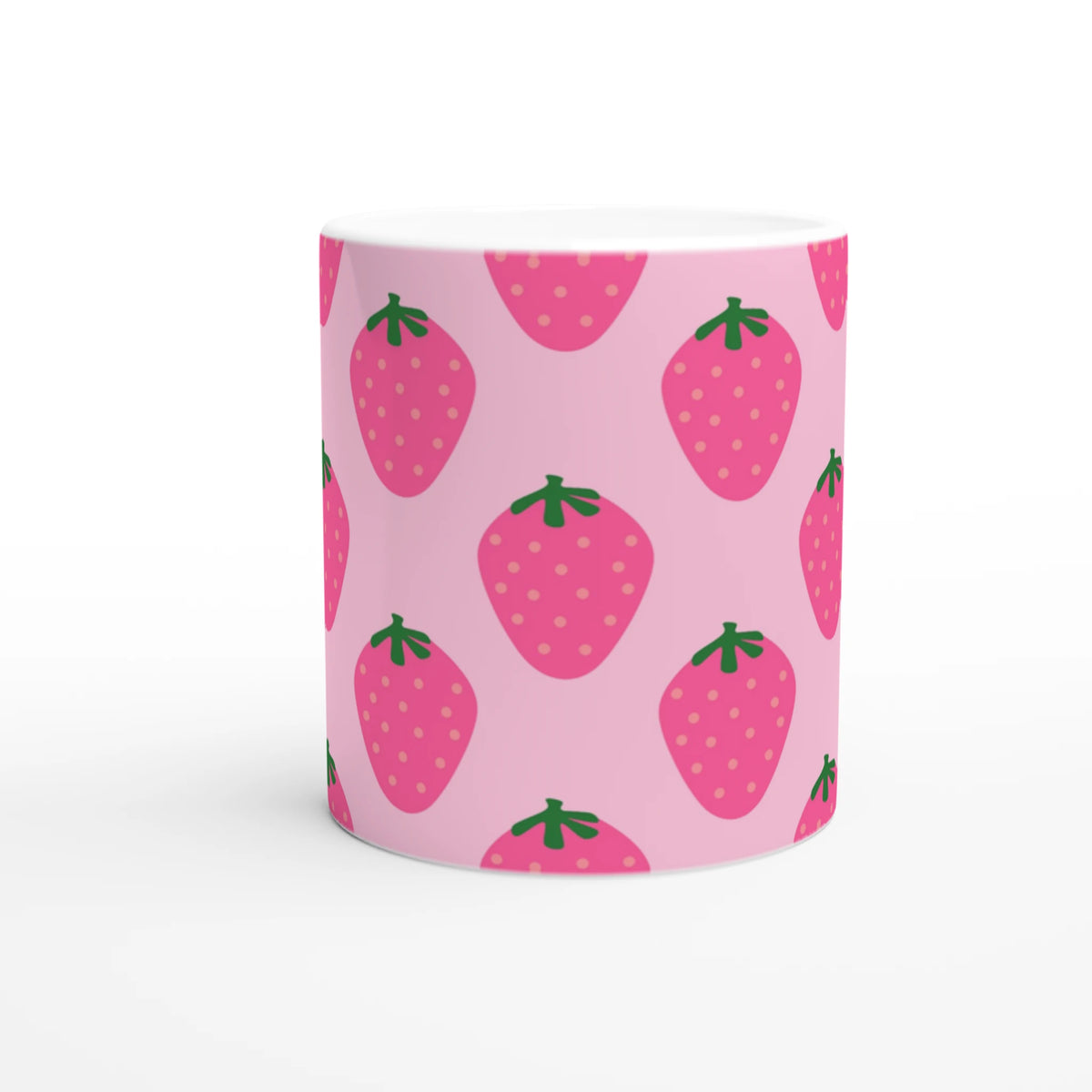 Cute pink strawberry mug with kawaii fruit pattern, ideal for daily coffee or tea at home or office.