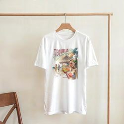 White women's graphic tee featuring a retro Tequila Sunrise beach scene with a tiki bar, palm trees, and a woman holding a cocktail.